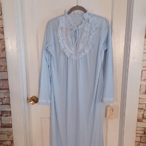Light Blue Lace Trim Long Gown Brushed Nylon Size Medium